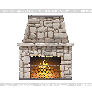 Stone fireplace, fire stove with chimney and flame - vector clipart