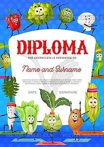 Diploma certificate, vegetables in yoga poses - vector clipart