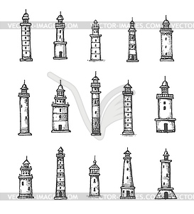 Vintage antique map lighthouse and beacon sketches - vector clip art
