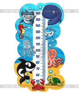 Kids height chart with funny cute sea animals - vector image