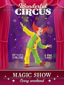 Shapito circus poster, cartoon jester clown, flyer - vector image