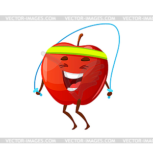Red apple jumping on rope, sportive fruit workout - vector image