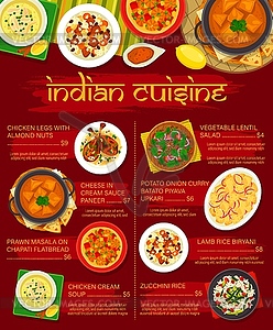 Indian cuisine menu template, price list - vector clip art