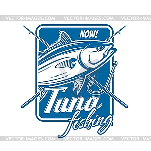 Tuna fishing icon with crossed rods, fish and hook - vector clipart