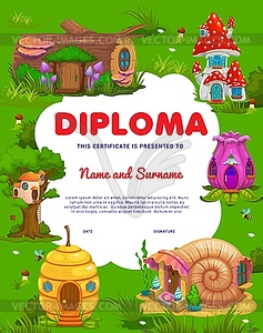 Kids diploma with cartoon fairy house and dwelling - vector clip art
