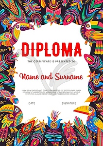 Kids diploma, cartoon mexican toucans and feathers - vector clip art