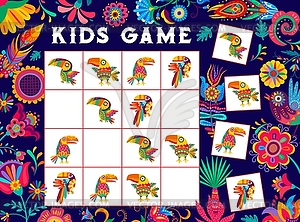 Kids sudoku game worksheet, Mexican toucan birds - vector clipart / vector image