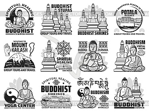 Tibetan travel tours, Buddhism meditation icons - vector clipart / vector image