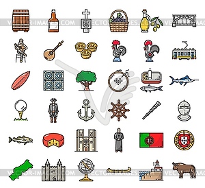 Достопримечательности Португалии и символы линии национальных символов - векторный клипарт EPS