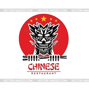 Chinese cuisine restaurant, dragon head and sticks - vector image