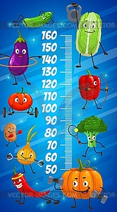 Kids height chart, cartoon vegetables on fitness - vector clipart