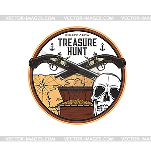 Pirate treasure hunting icon, emblem, label - vector image