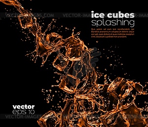 Ice cubes falling to whiskey, cognac rum, bourbon - vector clip art