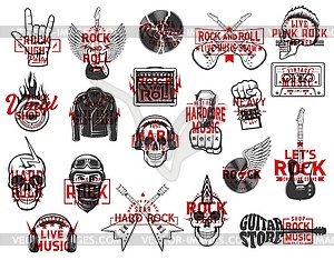 Rock music live show, festival and vinyl icons - vector clipart