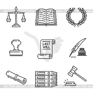 Notary, justice and legal service icons - vector image