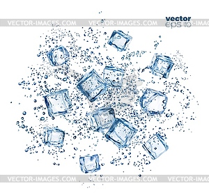 Ice crystal cubes and water drops in frozen splash - vector clipart