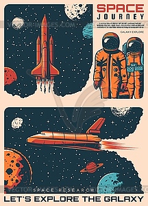 Galaxy explore, astronauts and spaceship posters - vector clip art