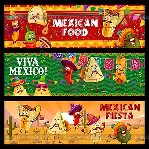 Mexican fiesta holiday party, cartoon characters - vector image
