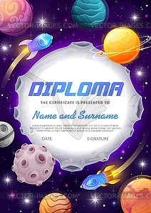 Kids diploma certificate, fantasy universe rockets - vector image