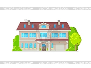 Modern two-storey home building exterior, garage - vector clipart