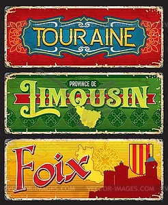 Touraine, Limousin and Foix, France regions cards - vector clipart