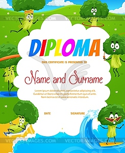 Cartoon happy broccoli, kids diploma certificate - vector EPS clipart