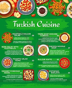 Turkish cuisine menu, restaurant lunch food dishes - vector image