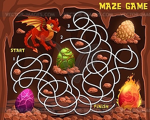 Labyrinth maze, cartoon dinosaur or dragon eggs - vector clipart