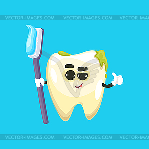 Dirty tooth with brush, emoticon cartoon character - vector image