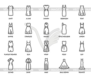 Woman dresses icons, female fashion - vector clipart