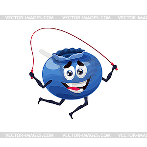Cartoon blueberry character jumping rope - vector image
