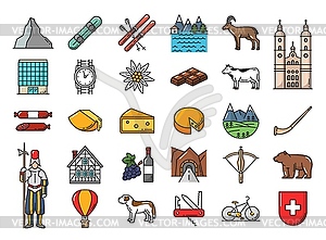 Swiss history, food and landmark line icons - vector clipart