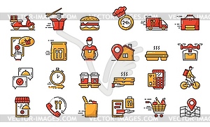 Fast food order and delivery service line icons - vector EPS clipart