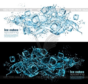 Realistic ice cubes and water wave splash - vector image