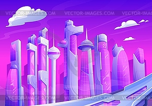Future city sunset, futuristic fantasy skyscrapers - vector image