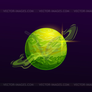 Cartoon green space planet with swirl haze ring - vector image