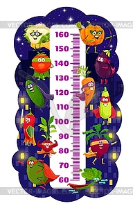 Kids height chart, cartoon vegetables superheroes - vector clipart