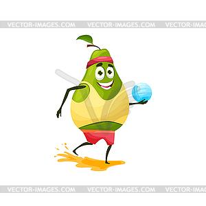 Pear cartoon character with volleyball on vacation - vector image