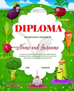 Cartoon vegetables on yoga or sport, kids diploma - royalty-free vector image