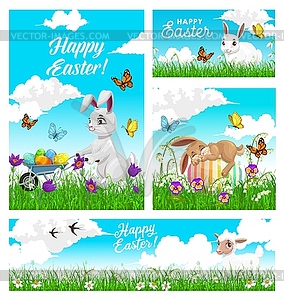 Happy Easter holiday egg hunt cartoon banners - vector image