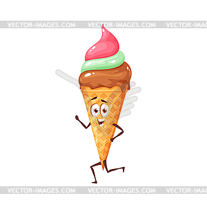 Ice cream in waffle cone dessert cartoon character - vector clipart