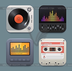 Vinyl, cassette and music player equalizer icons - vector image