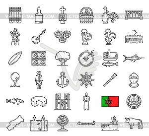 Иконы туристических достопримечательностей Португалии или национальные символы - клипарт в векторном формате