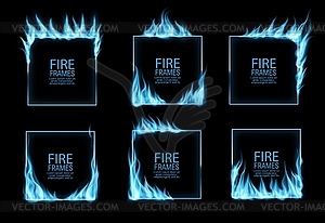 Square frames with blue gas fire flames burning - vector clip art