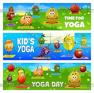 Kids yoga day, pilates fitness with cartoon fruits - vector clipart