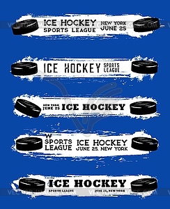 Ice hockey sport banners, grunge blobs and puck - vector clipart