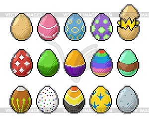 8bit pixel art happy easter eggs and chicken icons - vector clipart / vector image