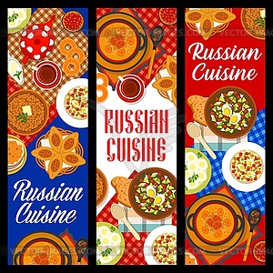 Russian cuisine banners, restaurant food dishes - vector image
