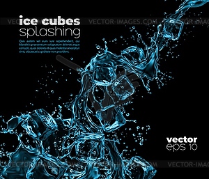 Blue water wave and cascade splash with ice cubes - vector image