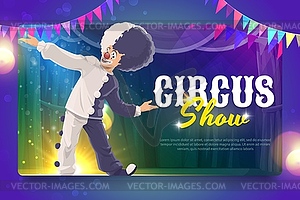 Shapito circus cartoon smiling clown on stage - vector image